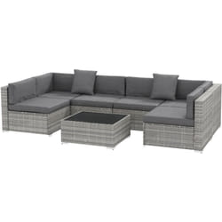 Ensemble salon de jardin 7 pièces modulables table basse plateau verre trempé coussins déhoussables inclus résine tressée imitation rotin gris