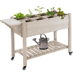 Outsunny - Jardinière sur pied - potager sur roulettes - étagère, tablette rabattable, inserts d'irrigation, feutre drainage - bois pré-huilé clair