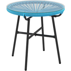 Outsunny - Table basse ronde de jardin en résine aspect rotin métal et plateau verre trempé ø 50 x 50H cm bleu