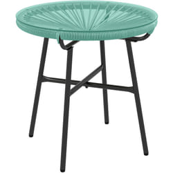 Outsunny - Table basse ronde de jardin en résine aspect rotin métal et plateau verre trempé ø 50 x 50H cm vert turquoise
