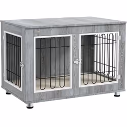 Cette superbe cage pour chien sur pied style contemporain en acier filaire noir et panneaux de particules aspect bois vous pe ...