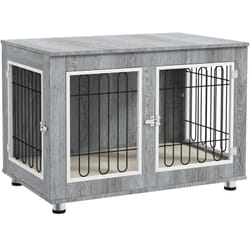 Cage pour chien sur pied - 2 portes verrouillables, coussin déhoussable inclus - acier filaire noir panneaux aspect bois gris