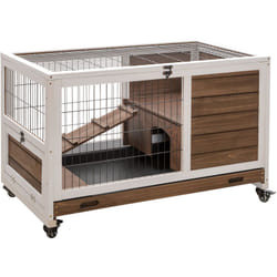Clapier à lapin sur roulettes cage à lapin 2 étages porte verrouillable toit ouvrant plateau coulissant rampe bois de sapin marron blanc