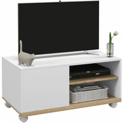 Homcom - Meuble tv sur roulettes avec 2 freins - 2 niches + placard porte 2 passe-fil - panneaux particules blanc chêne clair
