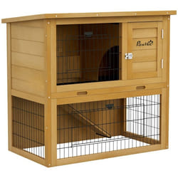 Clapier à lapin - PawHut - 2 étages 3 portes verrouillables plateau coulissant rampe toit bitumé - bois - 85x50x80cm - jaune