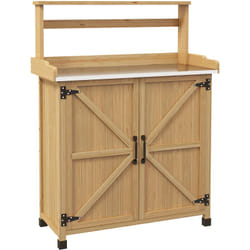 Table de rempotage jardinage - étagères, 2 portes avec étagère - plateau tôle acier galvanisé - bois sapin pré-huilé
