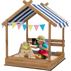 Outsunny - Bac à sable bois forme de maison pour enfant 124 x 116 x 146 cm - avec auvent, 2 bacs, évier, tableau noir, fanions - bois sapin autoclave