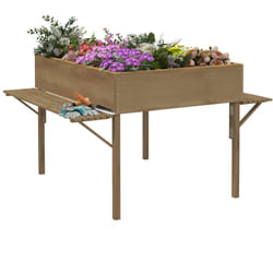 Jardinière rectangulaire sur pied - 12 compartiments, tablettes latérales rabattables - bois de sapin