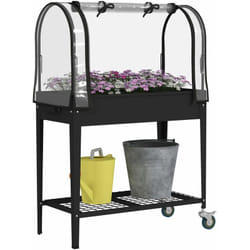 Outsunny - Jardinière surélevée potager avec bâche transparente, mini serre de jardin, 2 roulettes et 1 étagère inférieure pour légumes, fleurs,