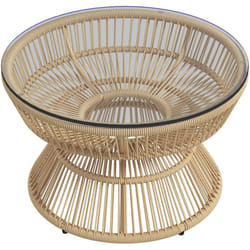 Outsunny - Table basse de jardin ronde résine aspect rotin plateau verre beige