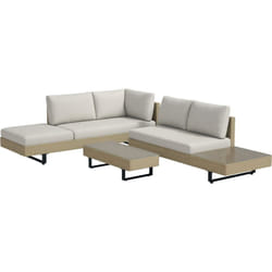 Ensemble salon de jardin d'angle 5 places design contemporain coussins déhoussables table basse acier époxy résine tressée beige