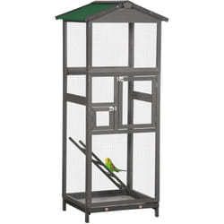 Pawhut - Cage à oiseaux volière grande taille 2 portes toit asphalte tiroir amovible bois gris