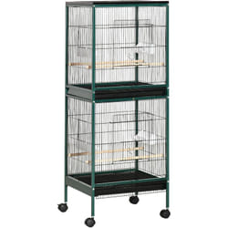 Grande cage à oiseaux sur pied à roulettes - volière double, mangeoires, perchoirs, plateau amovible - vert noir
