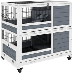 Pawhut - Clapier cage lapin sur roulettes - 2 niveaux, 2 plateaux, 3 portes, rampes - bois sapin gris blanc