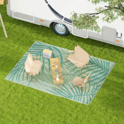 Tapis d'extérieur réversible imperméable dim. 365L x 274l cm motif feuillage sac transport motif feuillage PP vert crème