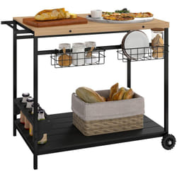 Outsunny - Desserte de jardin chariot pour plancha barbecue en bois et métal avec poignée 2 plateaux 2 paniers et porte-bouteilles