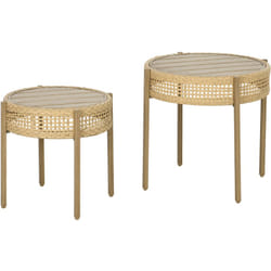 Lot de 2 tables gigognes de jardin style bohème chic PE aspect rotin métal effet bois