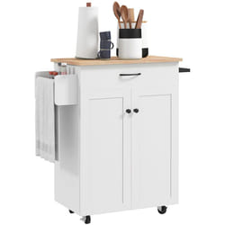 Desserte de cuisine - tiroir, 2 portes, étagère, porte-épices - mdf blanc plateau bois hévéa verni