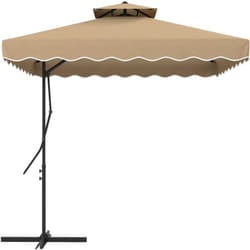 Parasol déporté carré pied en croix double toit lambrequin vague douce kaki