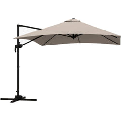 Parasol déporté carré inclinable pivotant 360° manivelle piètement acier dim. 2,95L x 2,95l x 2,66H m taupe