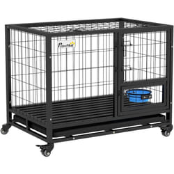 Cage pour chien sur roulettes 2 portes verrouillables - support gamelle, plateau amovible - acier noir