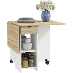 Table à manger pliable extensible 4 personnes - 2 abattants, 2 étagères, tiroir, roulettes - blanc aspect chêne clair