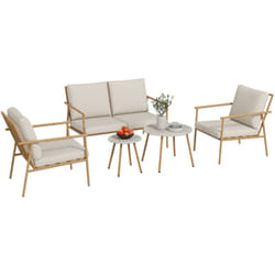 Outsunny - Salon de jardin 4 places 5 pcs style exotique coussins inclus grège aspect bambou