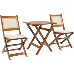 Outsunny - Ensemble bistro de jardin style exotique 2 places 3 pcs pliables bois acacia résine aspect rotin coussins blanc inclus