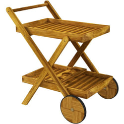 Desserte de jardin plateau étagère 3 porte-bouteilles 2 roues bois d'acacia verni