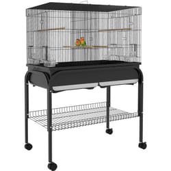 Grande cage oiseaux - cage perroquet - grande volière sur roulettes - étagère, plateaux coulissants, accessoires - noir