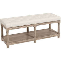 Banc à chaussures capitonnée style classique chic étagère bois sculpté tissu beige