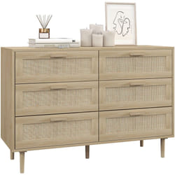 Commode 6 tiroirs style bohème chic - dim. 110L x 40l x 75H cm - cannage rotin aspect bois clair