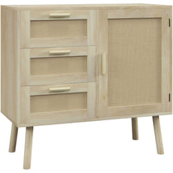 Buffet 3 tiroirs porte étagère style bohème chic cannage rotin panneaux aspect chêne clair