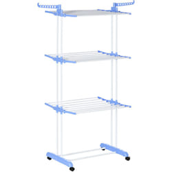 Sechoir à linge étendoir pliable 3 niveaux 2 ailes latérales à cintres acier blanc pp bleu