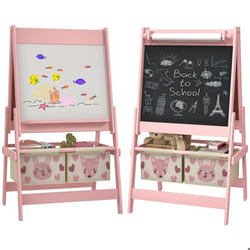 Tableau chevalet enfant - AIYAPLAY - double face - tableau blanc - tableau à craie rouleau papier - 2 paniers - rose