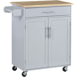 Desserte de cuisine - 2 portes, étagère, tiroir, porte-torchons - bois hévéa pin gris