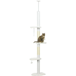 Arbre à chat réglable en hauteur 225-255 cm - tour pour chat 3 griffoirs nuages, 2 balles - blanc