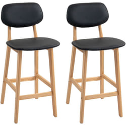 Lot de 2 tabourets de bar style néo-rétro structure piètement bois assise dossier pu noir