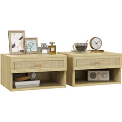Homcom - Lot de 2 chevets suspendus - tiroir, niche, plateau - cannage rotin aspect bois clair
