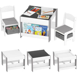 Ensemble table et chaises enfant - 3 pcs - plateau table réversible tableau noir - rangements - étagère - blanc gris