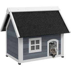 Niche maison pour chat - porte à lamelles, fenêtre plexiglas, toit bitumé ouvrant, 3 portes - bois gris
