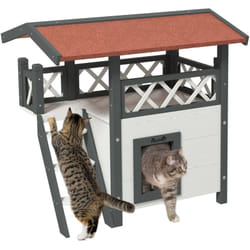 Maison lodge pour chat - niche villa avec terrasse, escalier, toit - bois sapin gris blanc toit bitumé rouge