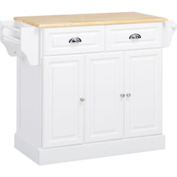 Lot de cuisine desserte à roulettes - 2 tiroirs, 3 portes, porte-serviette, porte-épices - dim. 110L x 45l x 91H cm - blanc bois