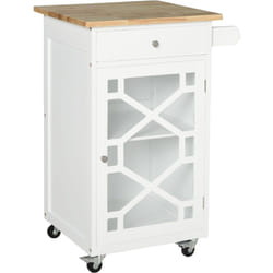 Desserte de cuisine à roulettes - tiroir, placard, porte-serviette - mdf blanc plateau bois hévéa