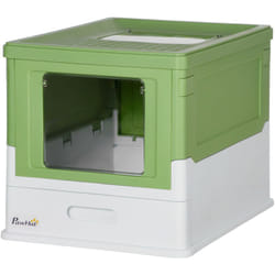 Pawhut - Maison de toilette pliable pour chat - tiroir à litière coulissant, porte battante et trappe transparente, pelle - blanc vert