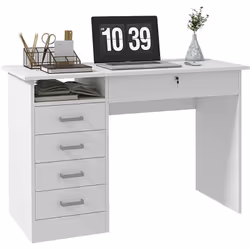 Ce magnifique bureau droit blanc multi-rangement doté de 5 tiroirs (dont un grand verrouillable), d'une niche, et d'un grand  ...