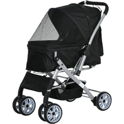 Poussette buggy pliable chien chat panier et sac de rangement attaches sécurité housse réglable poignée réversible acier Oxford noir