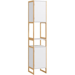 Kleankin - Meuble colonne salle de bain 2 niches 2 portes étagère dim. 33L x 33l x 170H cm bambou blanc