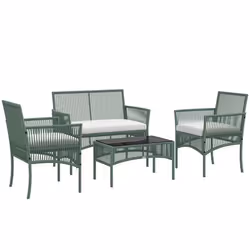 Ensemble salon de jardin Outsunny 4 pièces canapé 2 places + 2 fauteuils + 1 table basse plateau verre trempé 3 coussins dass ...