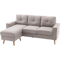Canapé d'angle 3 places design scandinave - dossier effet capitonné, repose-pied amovible - piètement bois tissu gris clair